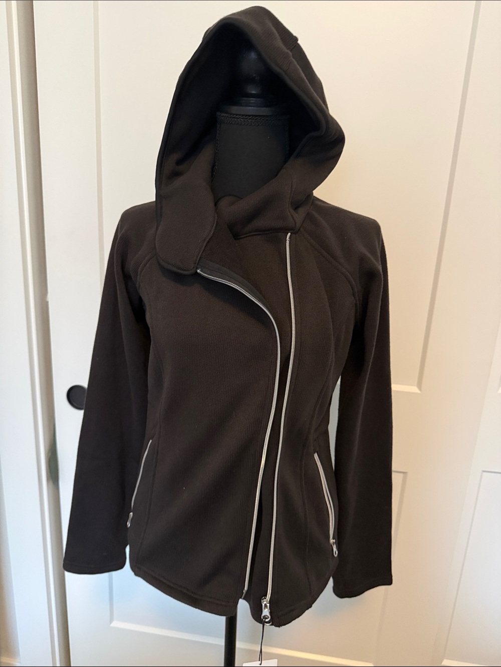 Women's Asymmetrical Zip Hooded Bomber Jacket - Dark Brown